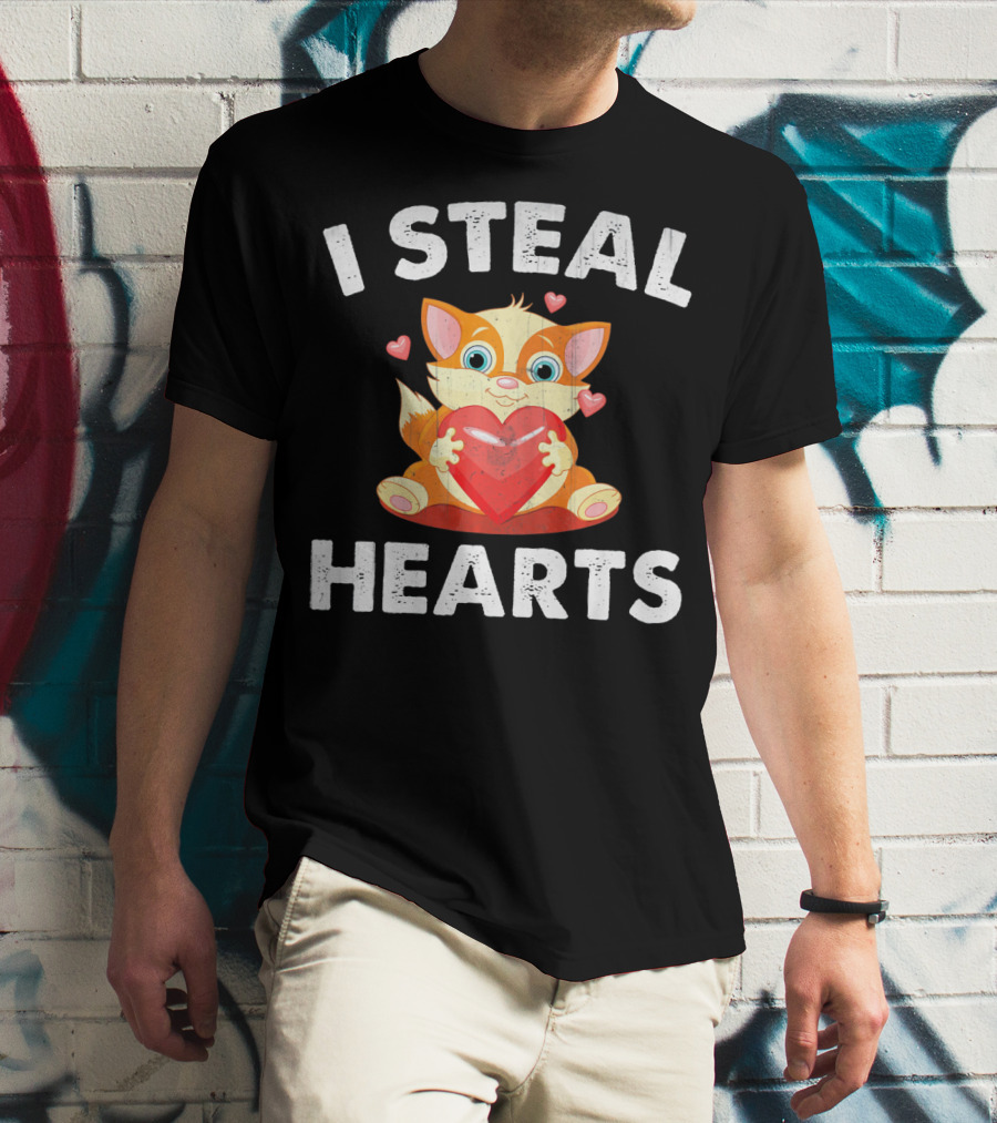 I Steal Hearts Kids Kitty Valentines Day T-Shirt