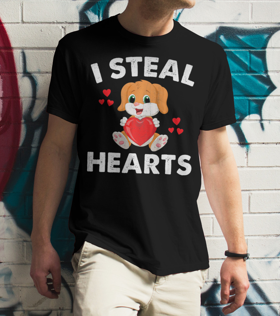I Steal Hearts Girls Valentines Day Kids Puppy T-Shirt