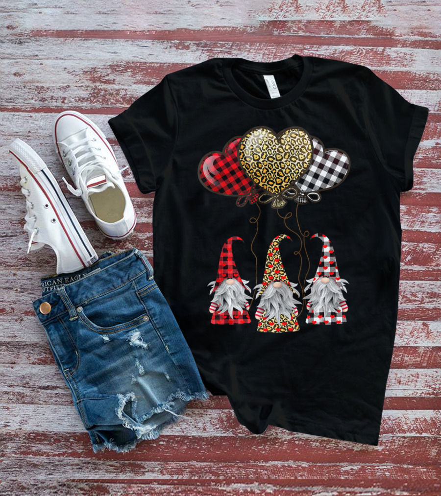 Gnomes Holding Heart Balloons With Buffalo Plaid And Leopard Print T-Shirt
