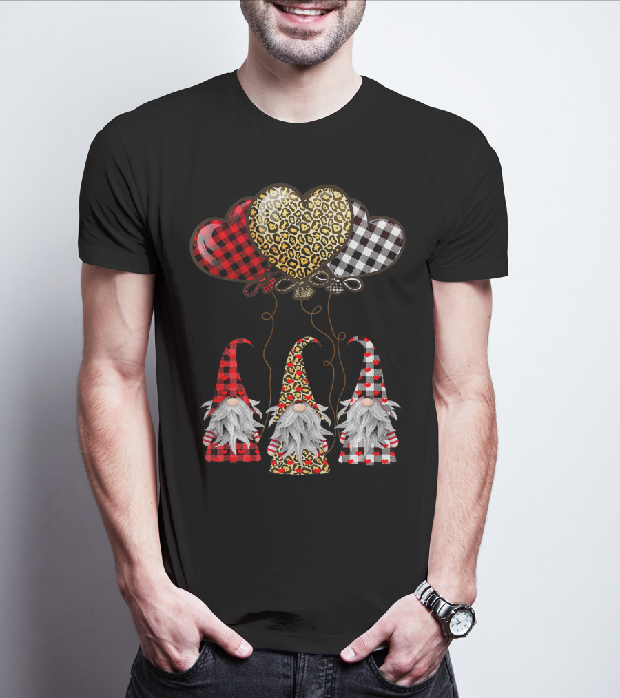 Gnomes Holding Heart Balloons With Buffalo Plaid And Leopard Print T-Shirt