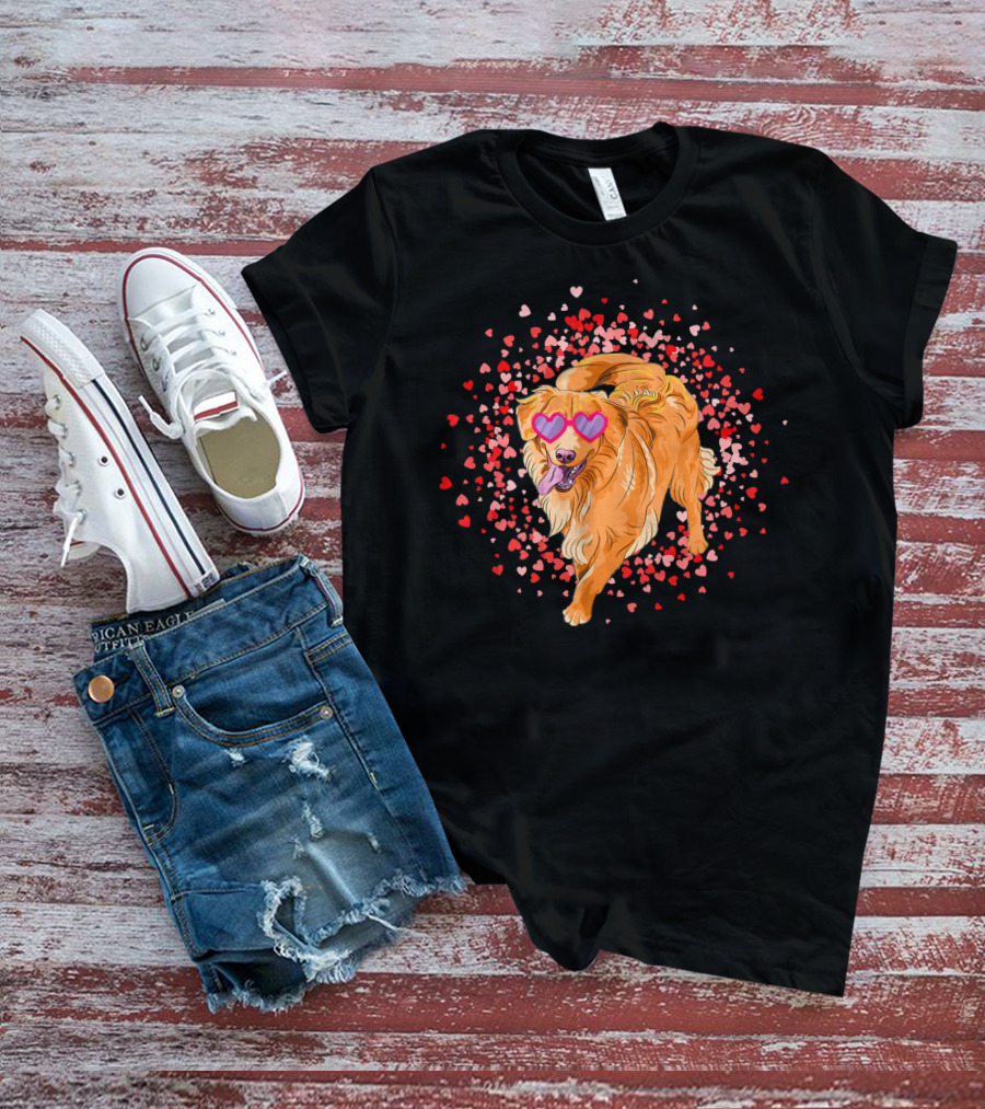 Golden Retriever With Heart Glasses Surrounded By Valentine's Day Hearts T-Shirt