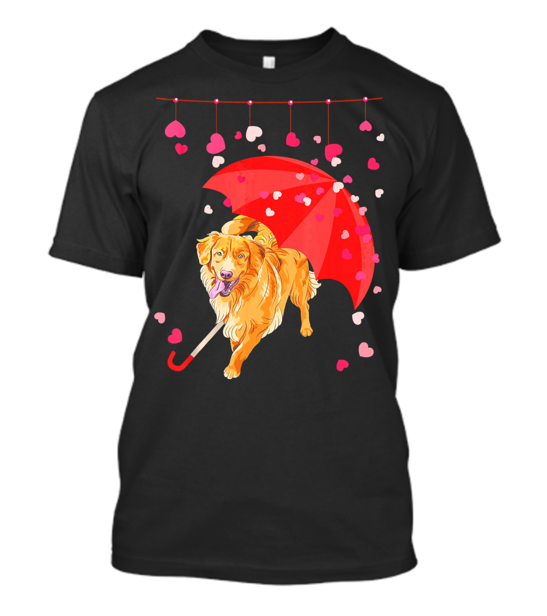 Golden Retriever With Umbrella And Falling Hearts Valentin T-Shirt
