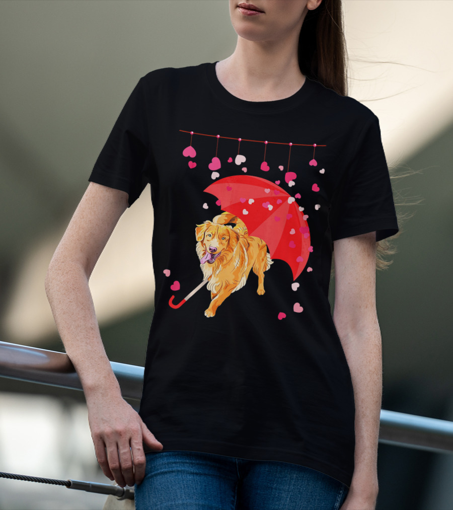 Golden Retriever With Umbrella And Falling Hearts Valentin T-Shirt