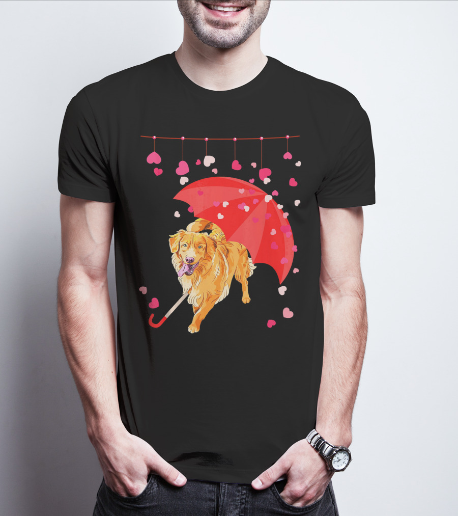 Golden Retriever With Umbrella And Falling Hearts Valentin T-Shirt