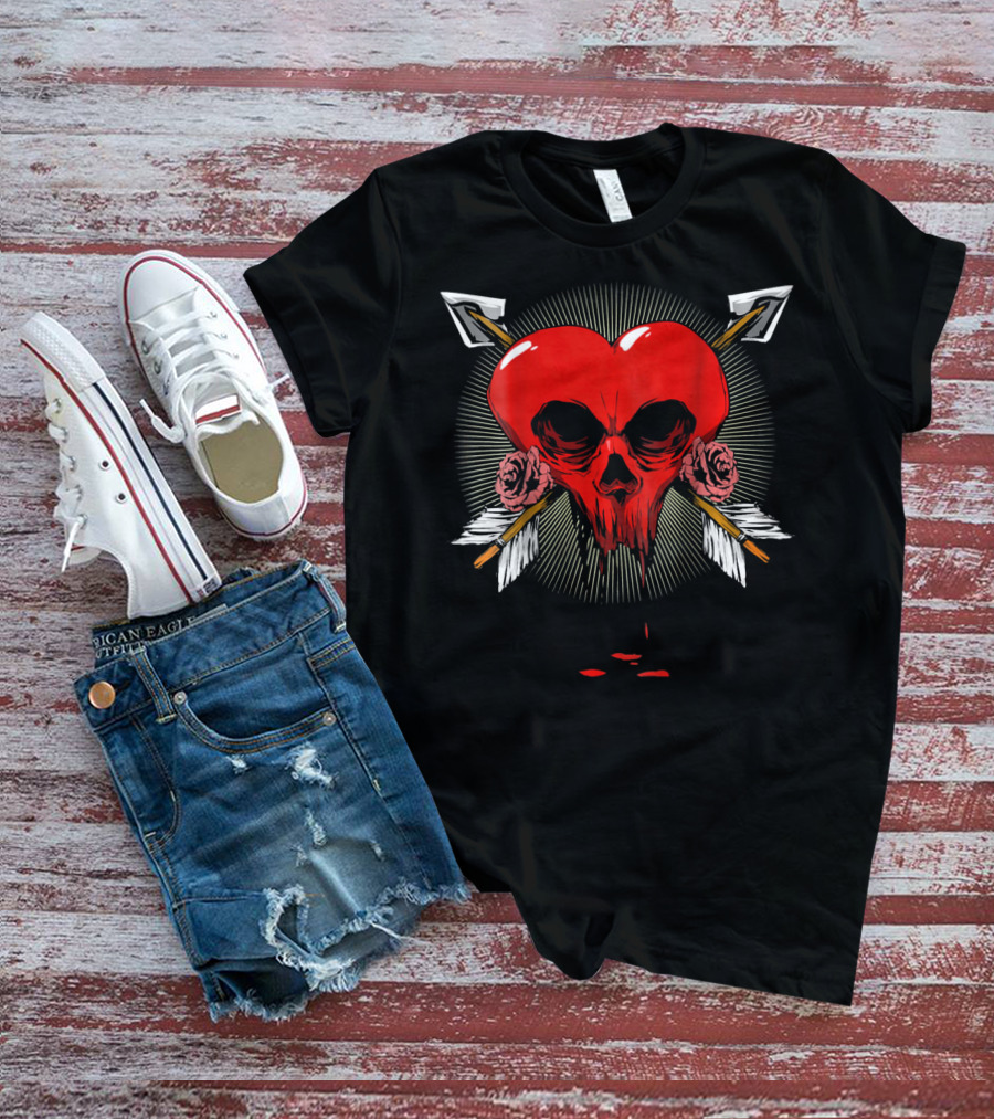 Gothic Heart Skull With Arrows And Roses Valentines Day T-Shirt
