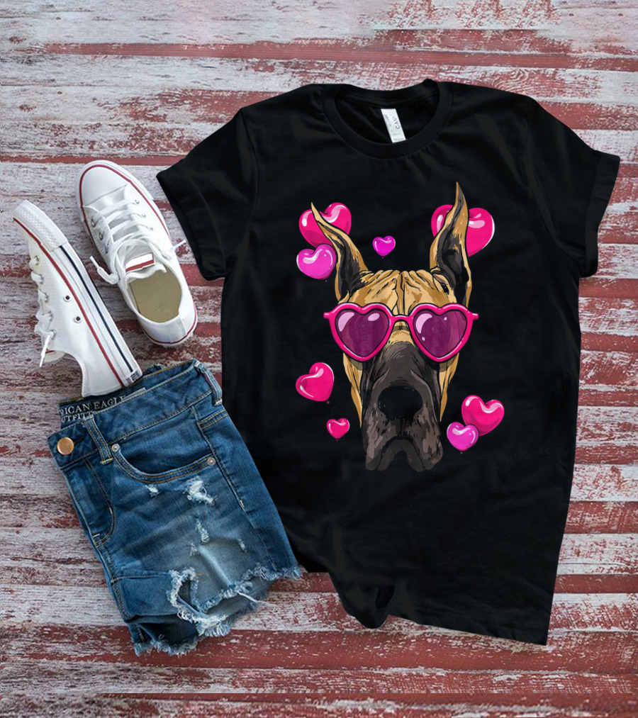 Great Dane Valentines Day Heart Sunglasses With Love Hearts T-Shirt