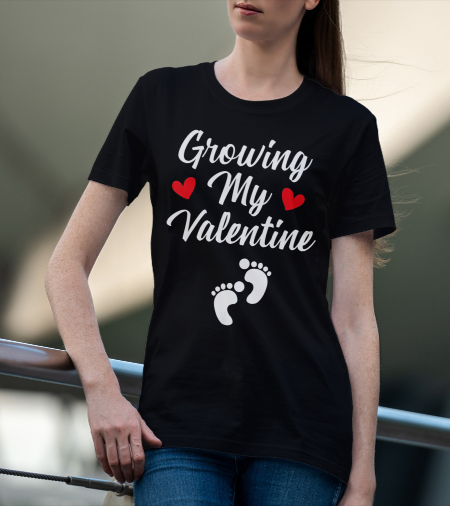 Growing My Valentine Hearts And Baby Footprints T-Shirt