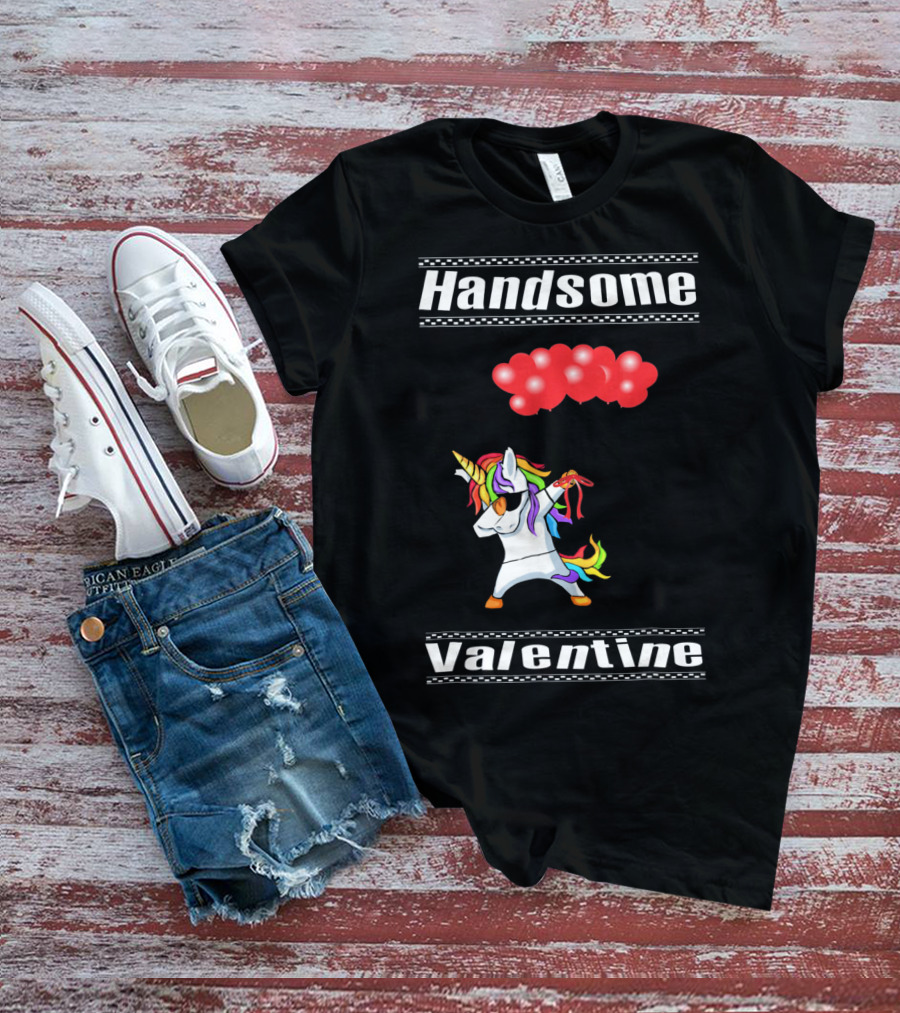 Handsome Valentine Unicorn Dab With Red Balloons T-Shirt