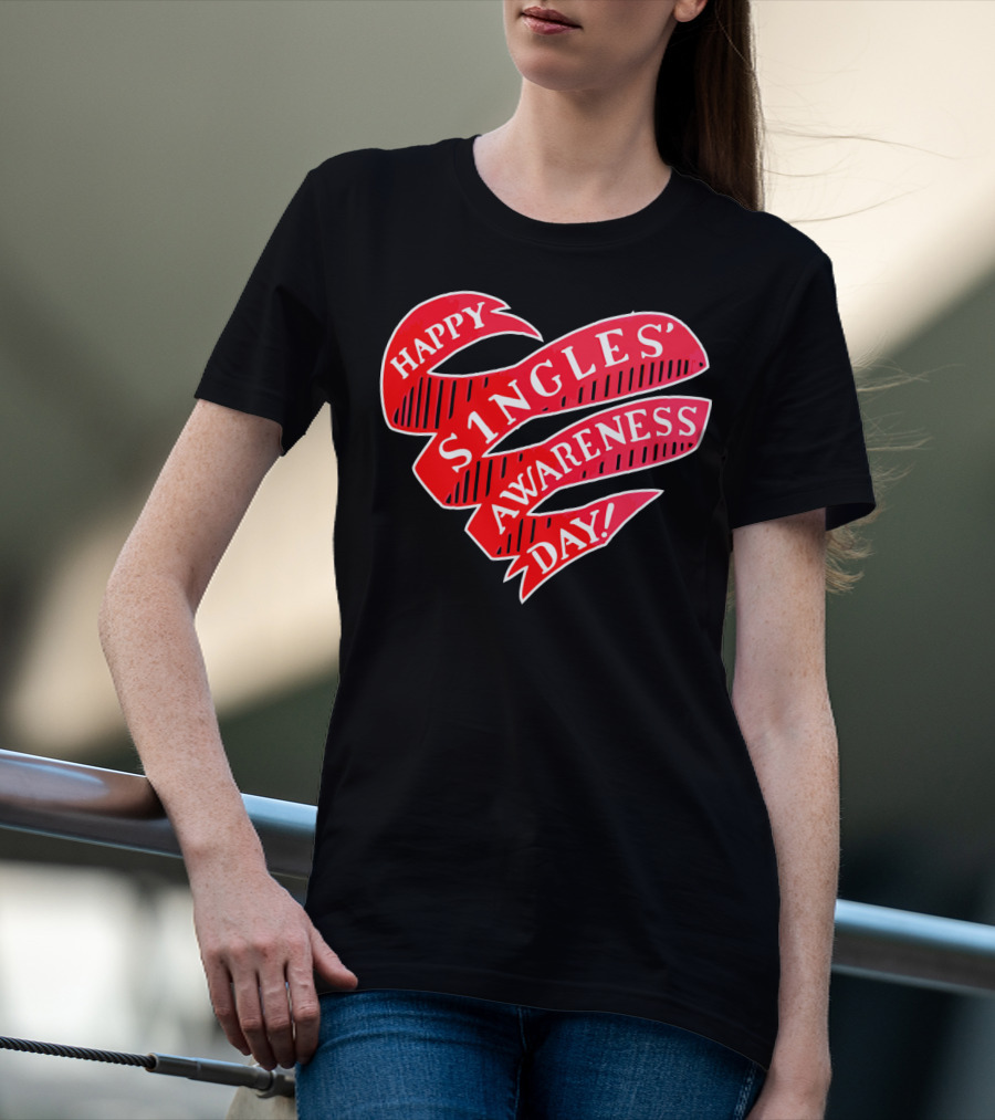 Happy Singles Awareness Day Red Ribbon Heart T-Shirt