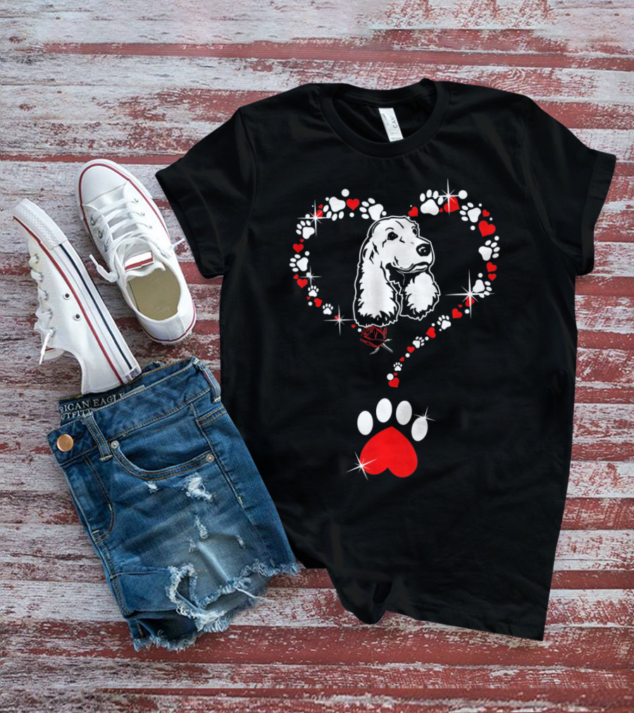 Happy Valentine Cocker Spaniel Dog Heart Paw Prints T-Shirt