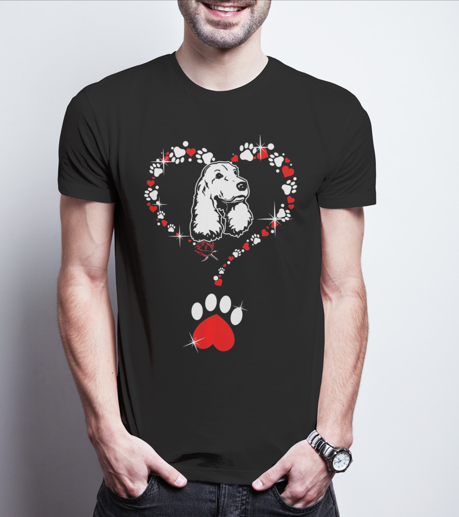 Happy Valentine Cocker Spaniel Dog Heart Paw Prints T-Shirt