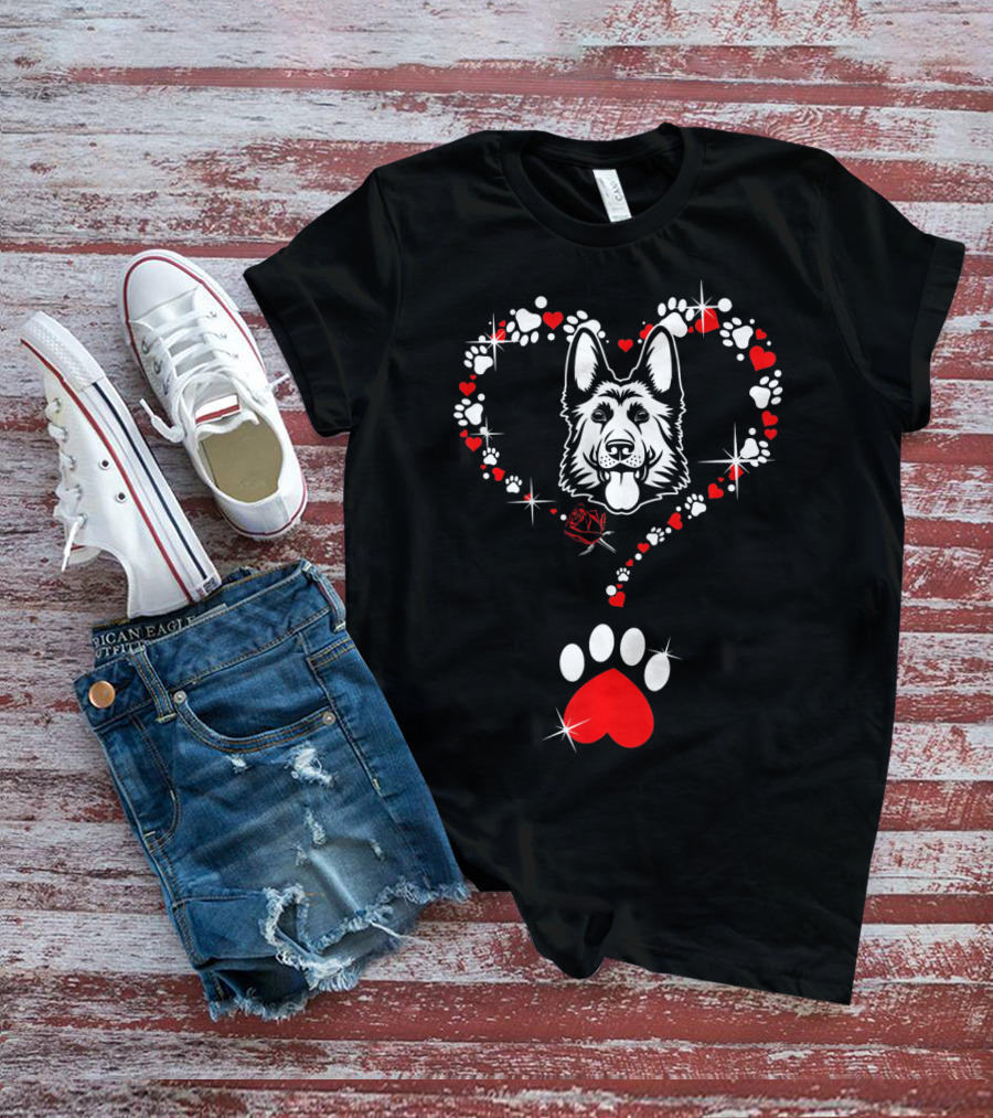 Happy Valentine German Shepherd Dog Heart Paw Prints T-Shirt