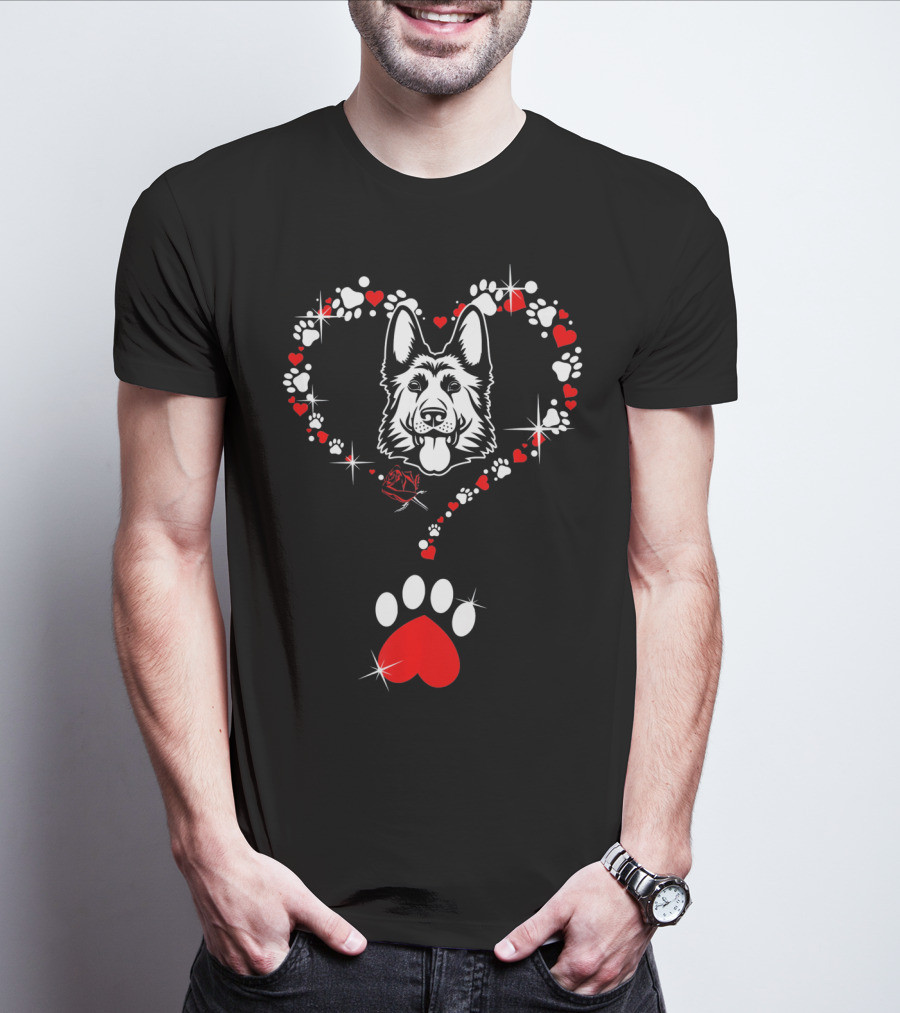 Happy Valentine German Shepherd Dog Heart Paw Prints T-Shirt