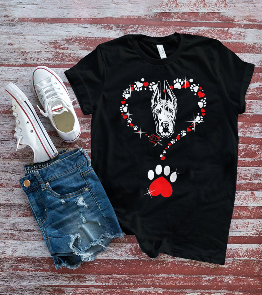 Happy Valentine Great Dane Dog Heart Pawprint T-Shirt