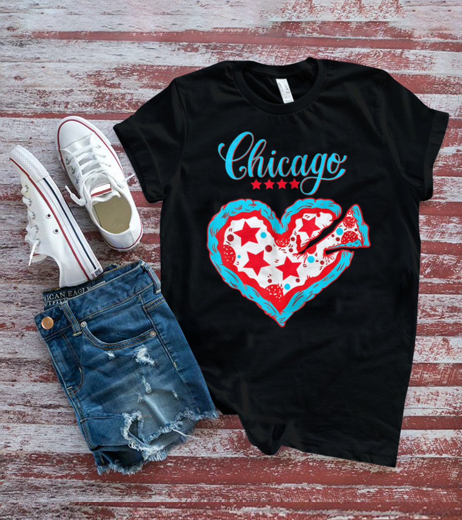 Chicago Heart Pizza Stars Valentines Day T-Shirt