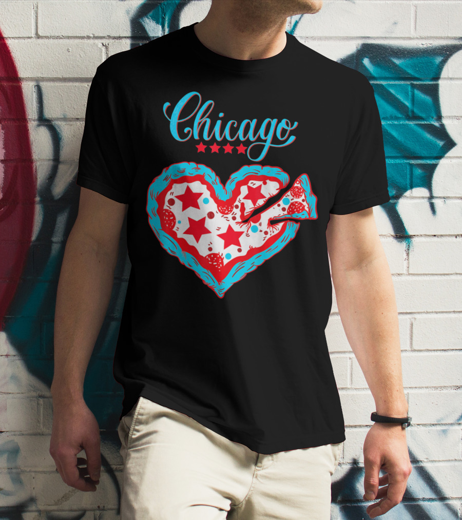Chicago Heart Pizza Stars Valentines Day T-Shirt