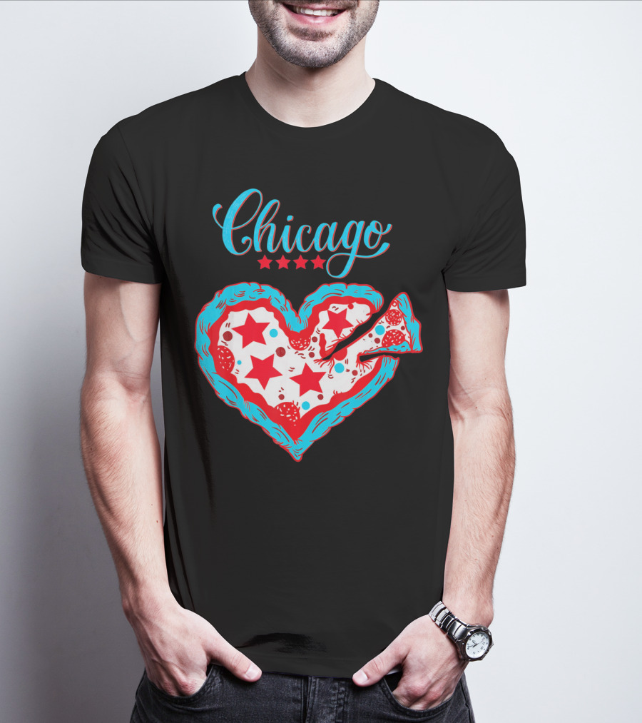 Chicago Heart Pizza Stars Valentines Day T-Shirt
