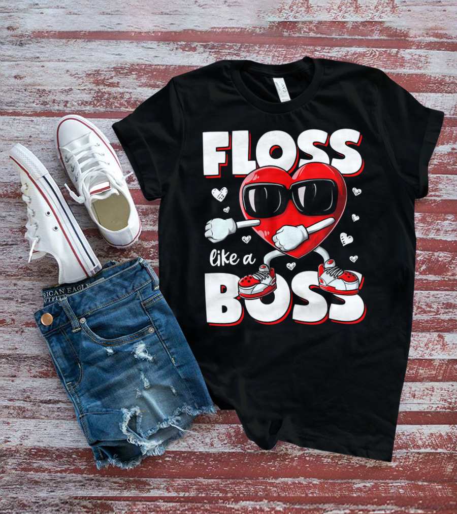 Floss Like A Boss Heart With Sunglasses Valentines Day T-Shirt