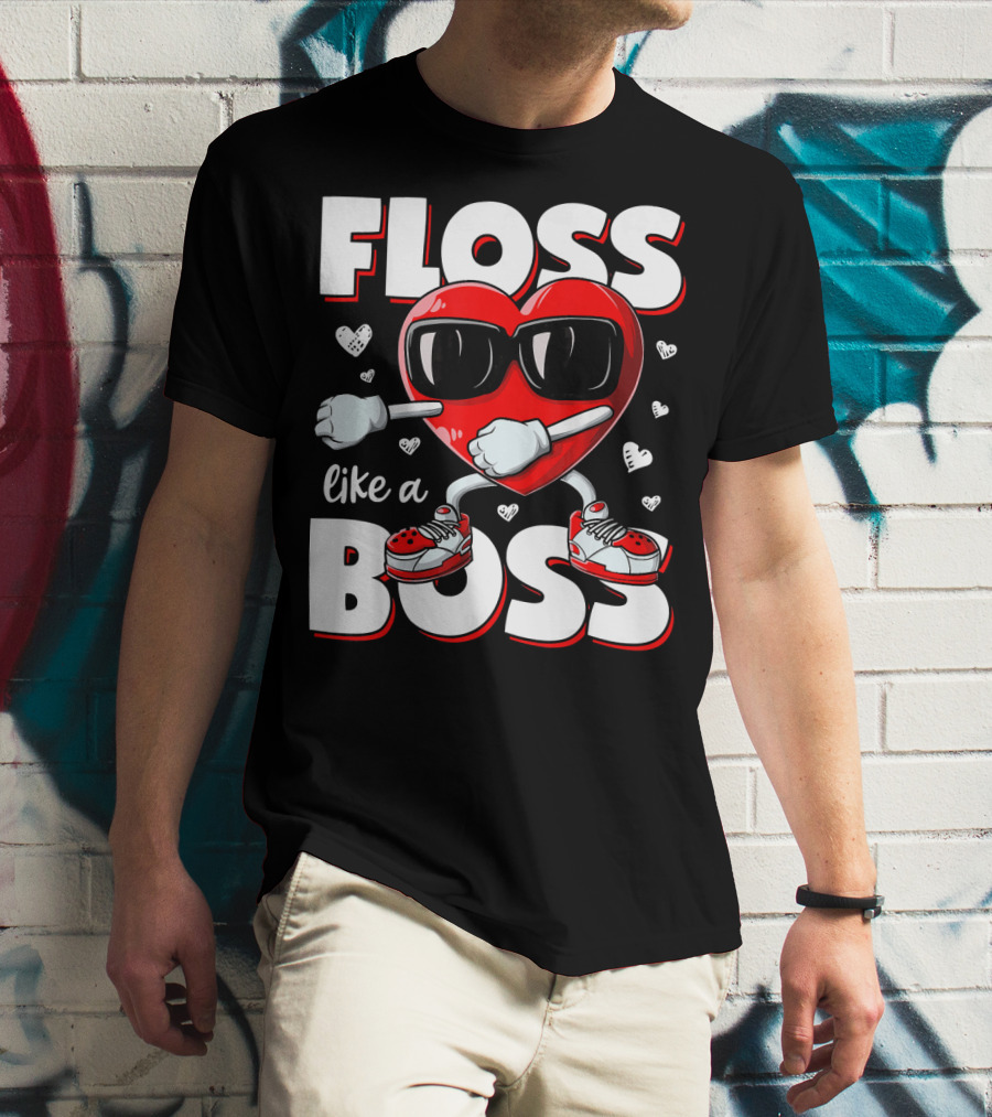 Floss Like A Boss Heart With Sunglasses Valentines Day T-Shirt