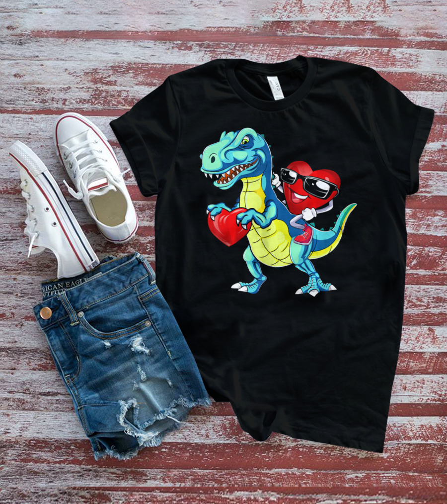 Valentine Heart With Sunglasses Riding Dinosaur With Heart T-Shirt