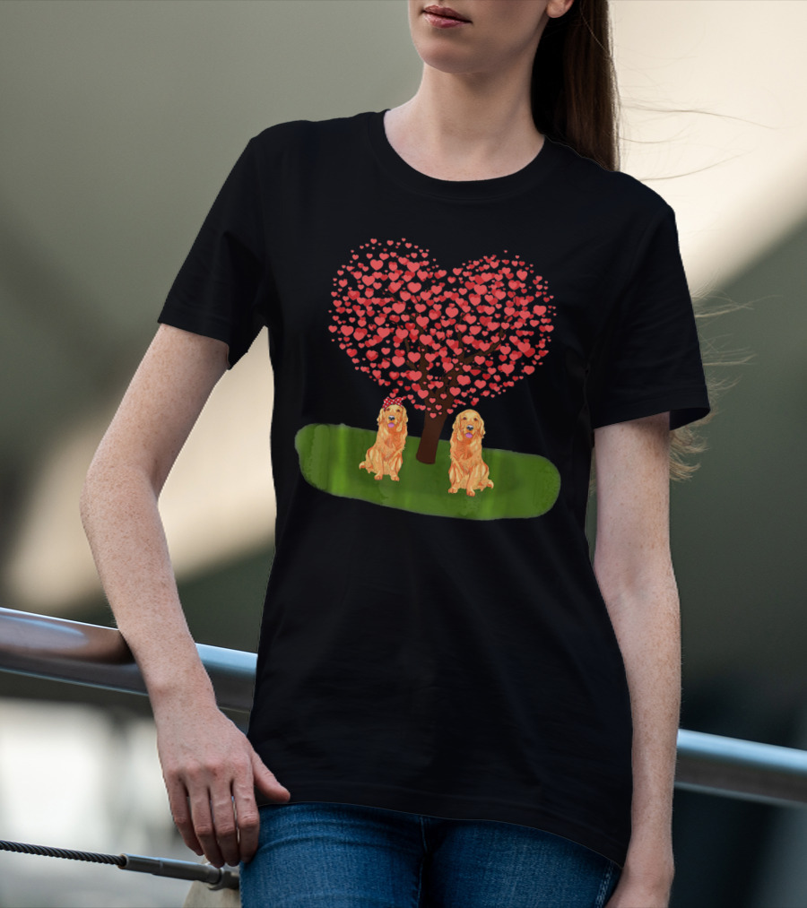 Valentine Heart Tree With Golden Retriever Duo T-Shirt