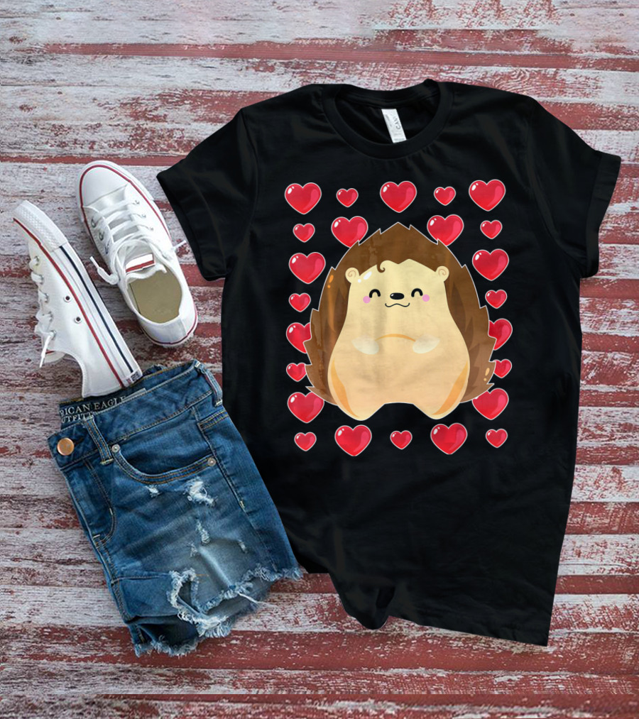 Hedgehog Surrounded By Hearts For Valentines Day T-Shirt