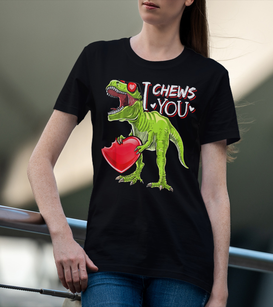 I Chews You Valentine Rex Dinosaur Holding Heart With Red Glasses T-Shirt