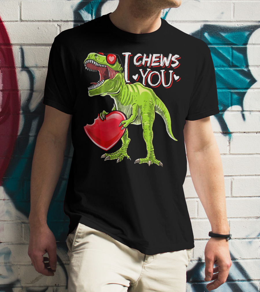 I Chews You Valentine Rex Dinosaur Holding Heart With Red Glasses T-Shirt