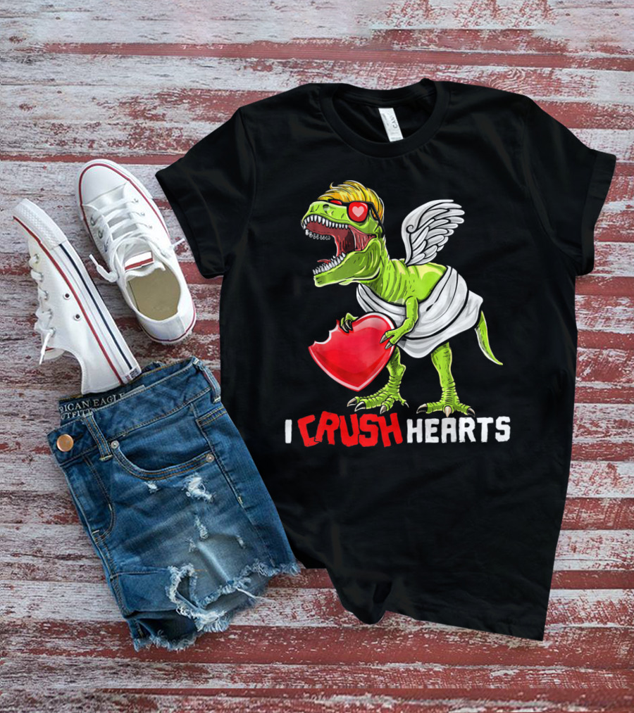 I Crush Hearts Valentine Day T-Rex With Wings And Heart T-Shirt