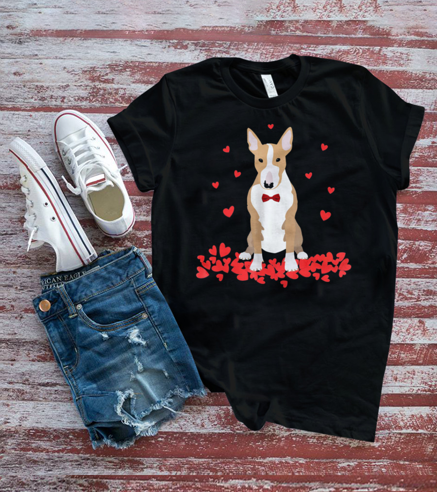 I Love My Bull Terrier Valentine Surrounded By Hearts And Red Bow Tie T-Shirt