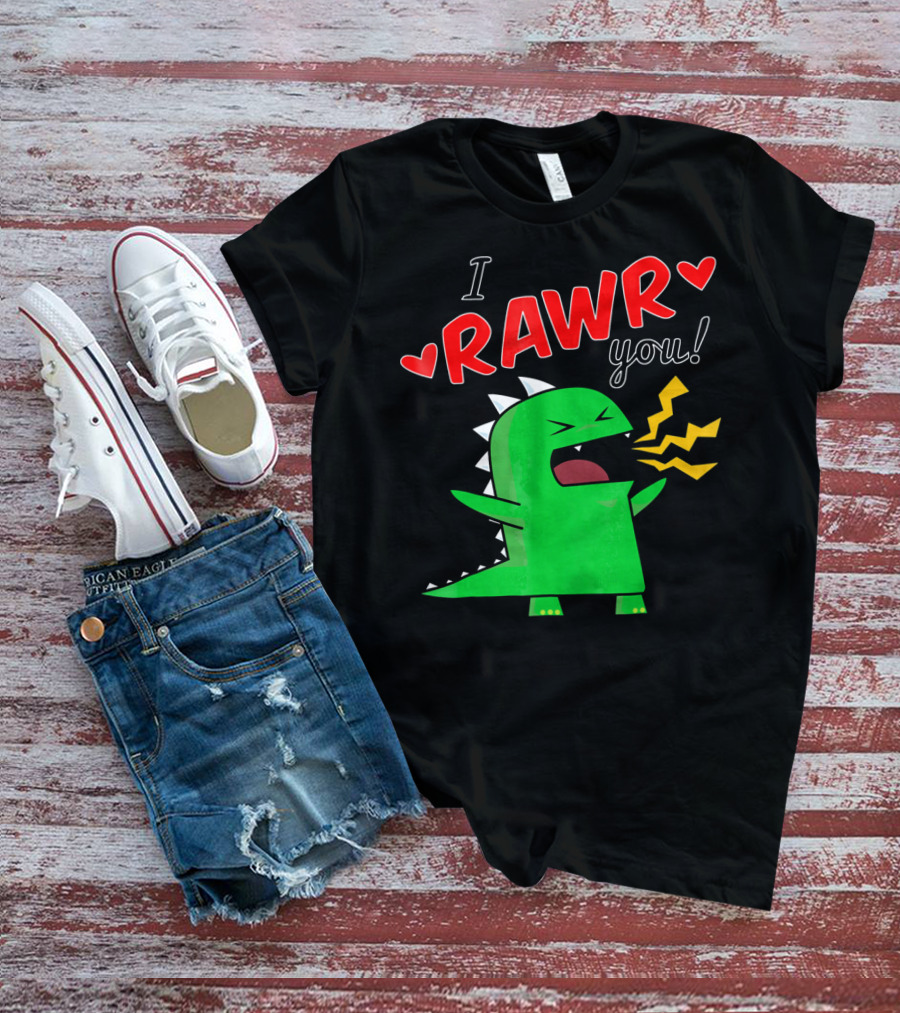 I RAWR You Cute Dinosaur Hearts And Lightning Cartoon T-Shirt