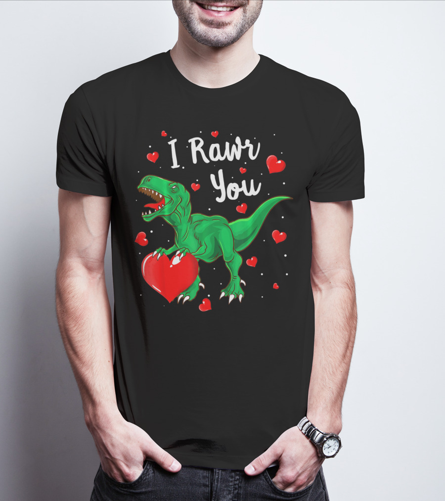 I Rawr You Dinosaur Valentine Green T-Rex With Red Hearts T-Shirt
