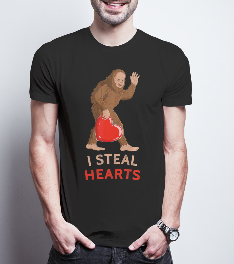 I Steal Hearts Bigfoot Valentine's Day Funny Sasquatch Image T-Shirt