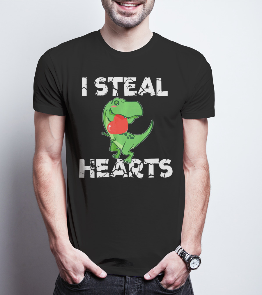 I Steal Hearts Dinosaur Valentine's Day T-Rex Holding Heart T-Shirt