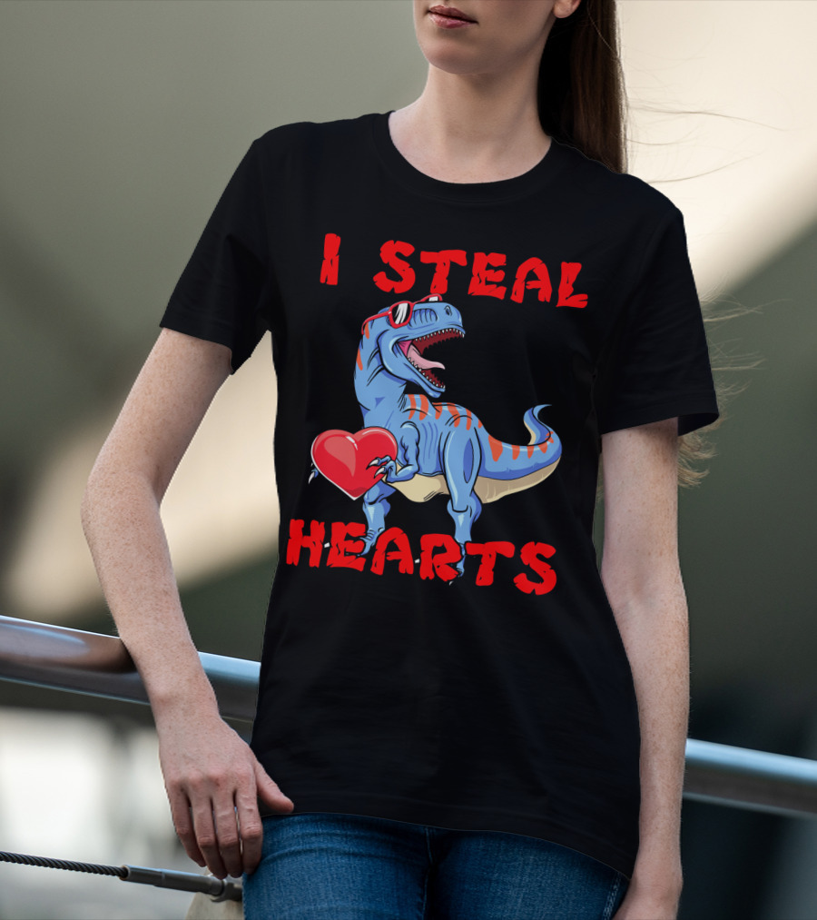 I Steal Hearts Dinosaur Valentines Red Heart Sunglasses T-Shirt
