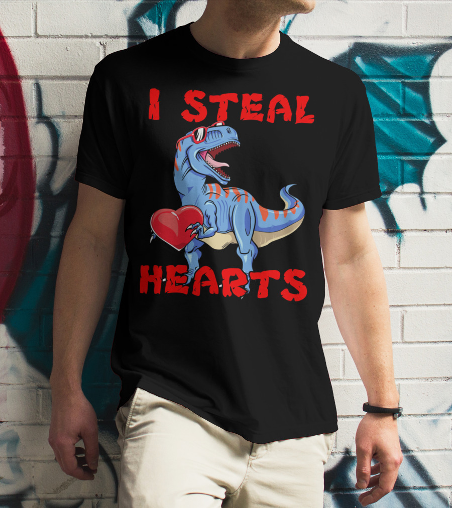 I Steal Hearts Dinosaur Valentines Red Heart Sunglasses T-Shirt