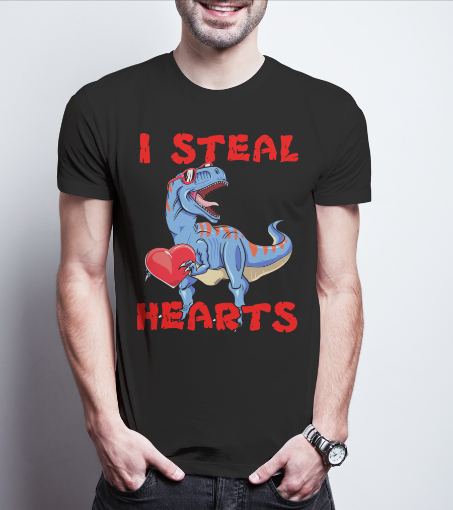 I Steal Hearts Dinosaur Valentines Red Heart Sunglasses T-Shirt