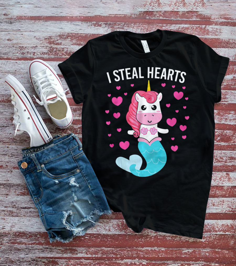 I Steal Hearts Cute Mermaid Unicorn Valentine Hearts T-Shirt