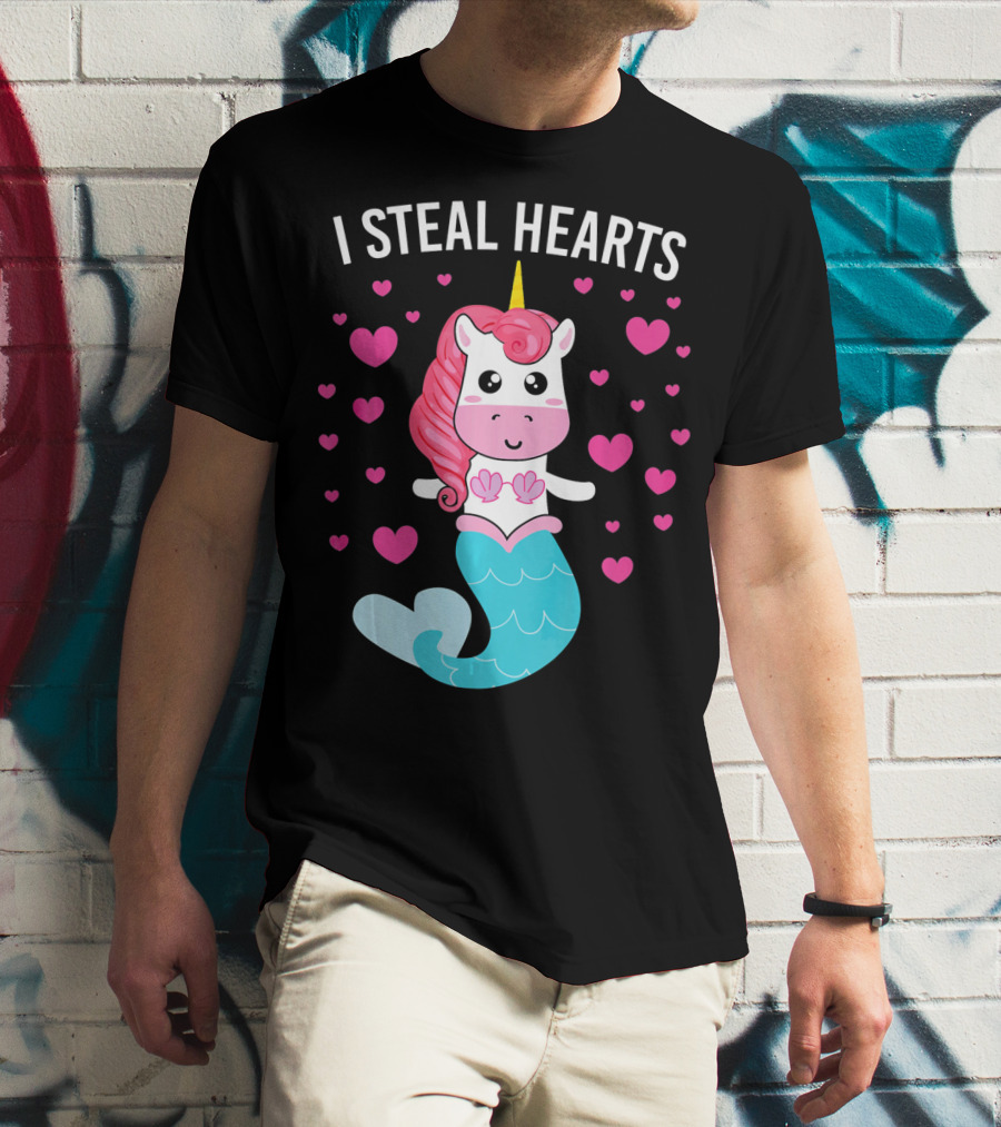 I Steal Hearts Cute Mermaid Unicorn Valentine Hearts T-Shirt