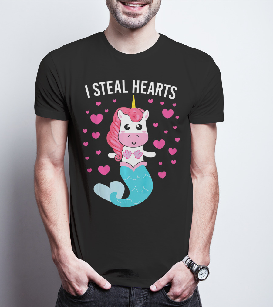 I Steal Hearts Cute Mermaid Unicorn Valentine Hearts T-Shirt