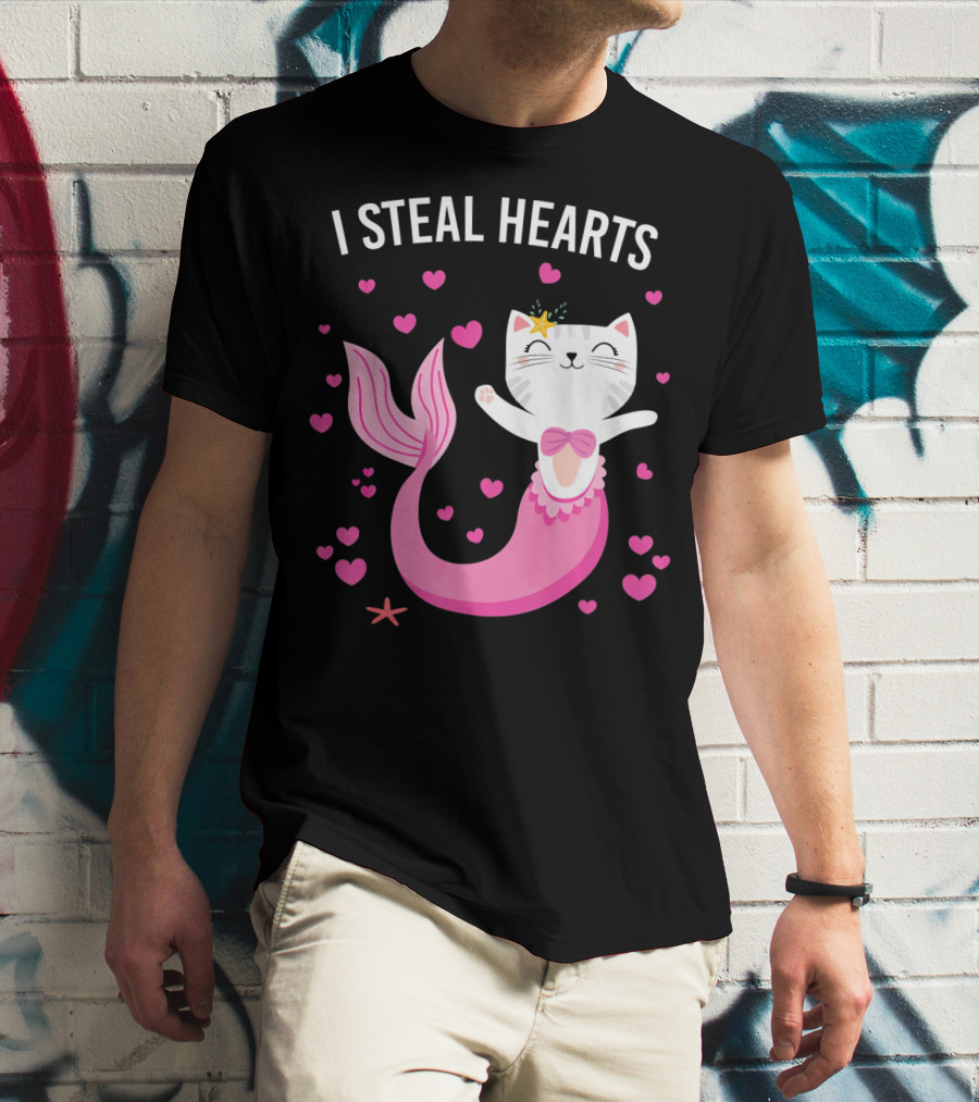 I Steal Hearts Purrmaid Cat Mermaid With Pink Hearts T-Shirt