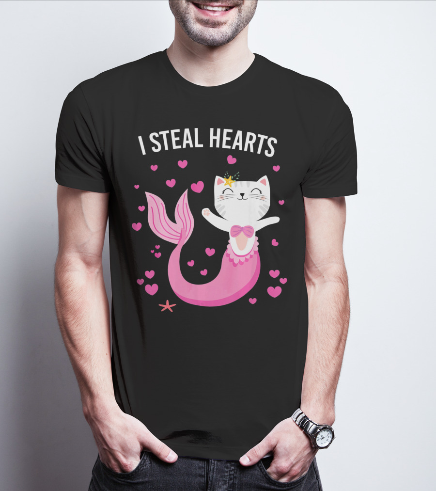 I Steal Hearts Purrmaid Cat Mermaid With Pink Hearts T-Shirt