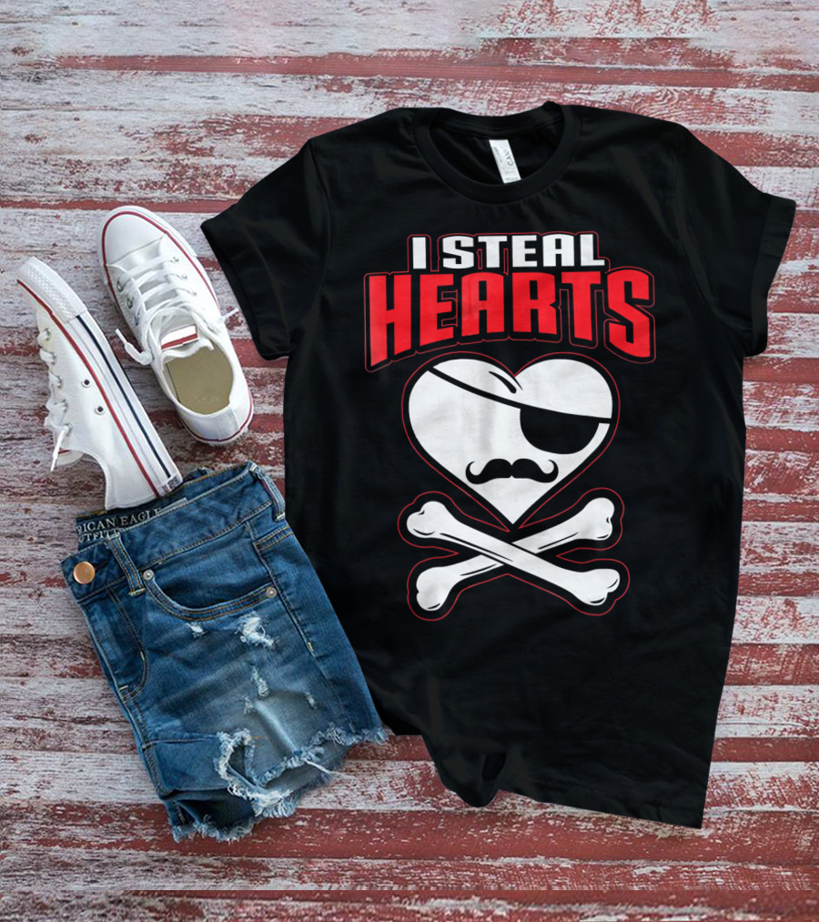 I Steal Hearts Pirate Mustache Crossbones Valentine T-Shirt