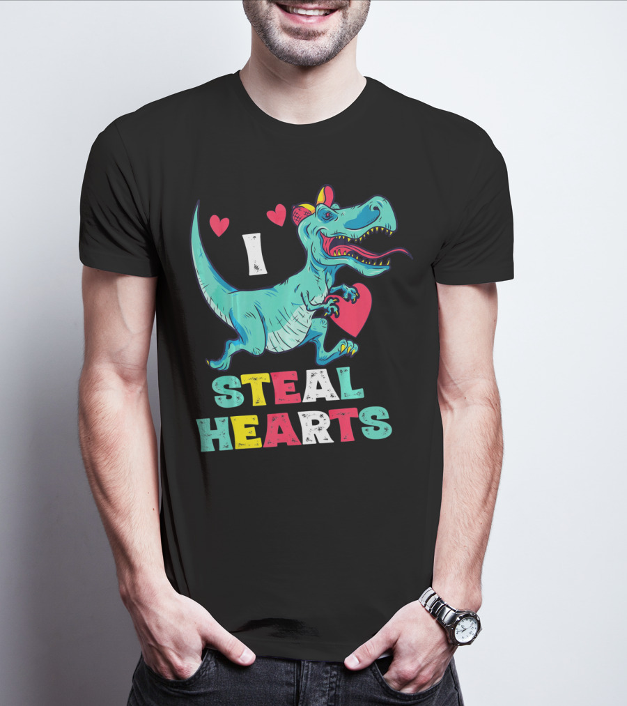 I Steal Hearts Valentine Dinosaur With Red Heart And Cute Hearts T-Shirt