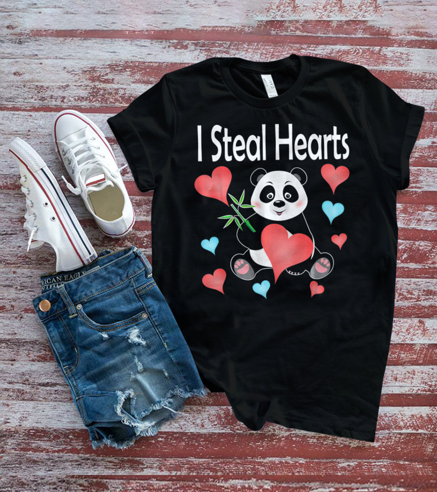 I Steal Hearts Valentines Day Panda Holding Heart And Bamboo T-Shirt