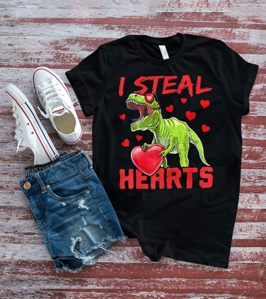 I Steal Hearts Valentines Day Rex Dino Holding Heart Surrounded By Hearts T-Shirt