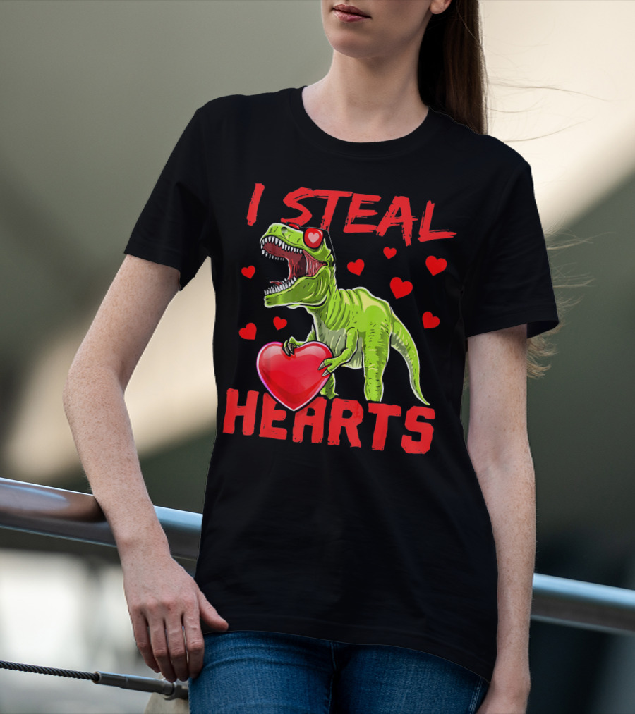 I Steal Hearts Valentines Day Rex Dino Holding Heart Surrounded By Hearts T-Shirt