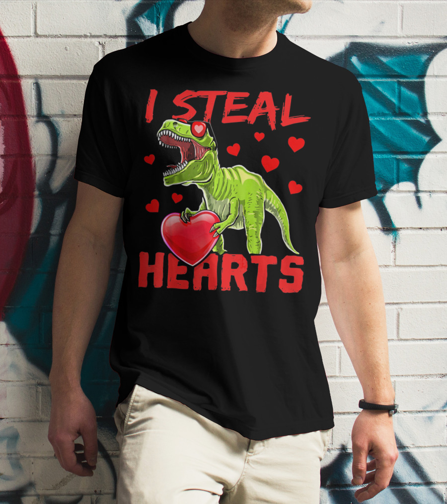 I Steal Hearts Valentines Day Rex Dino Holding Heart Surrounded By Hearts T-Shirt