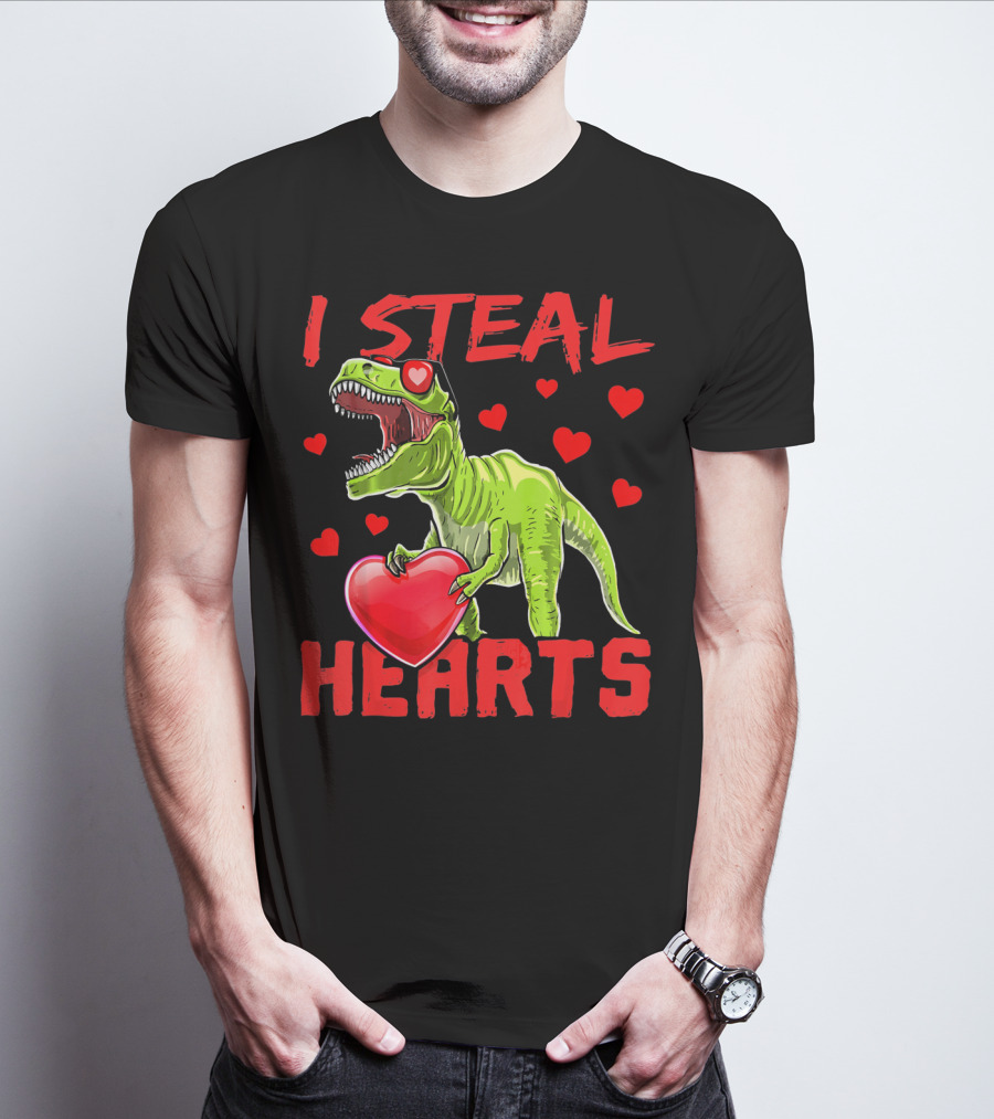I Steal Hearts Valentines Day Rex Dino Holding Heart Surrounded By Hearts T-Shirt