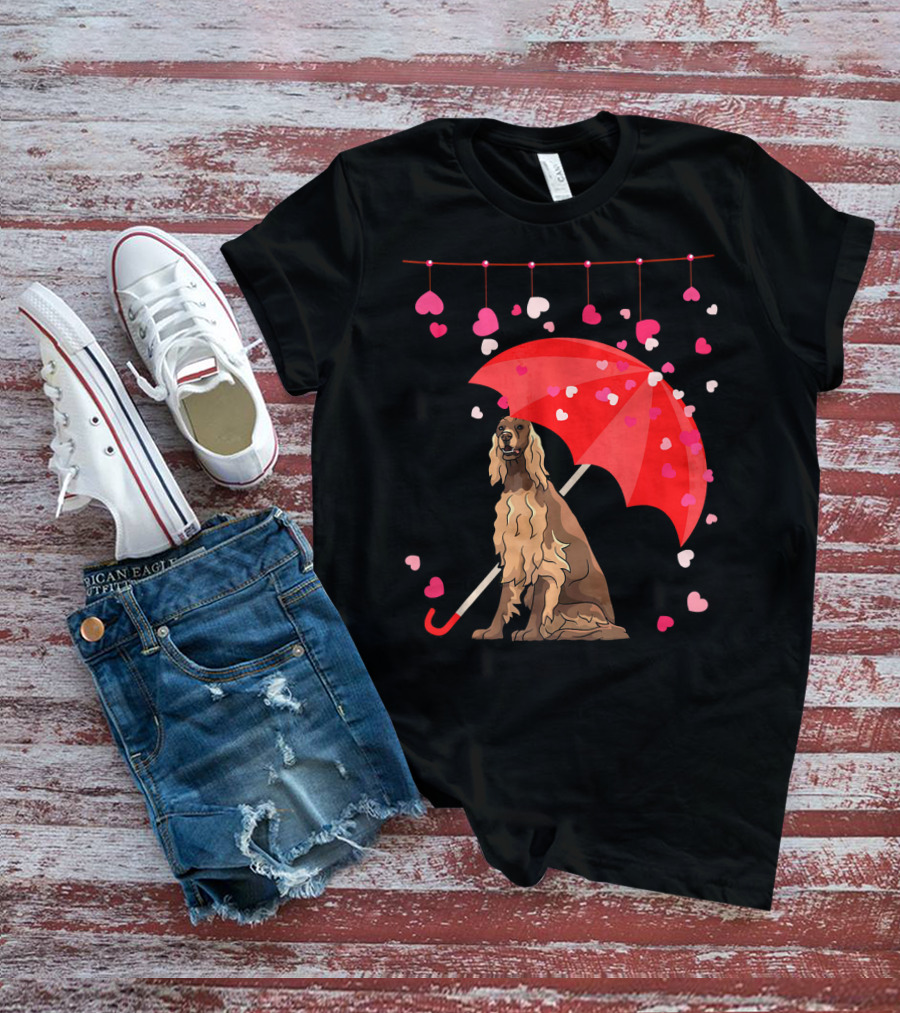 Irish Setter With Red Umbrella And Falling Hearts Valentine T-Shirt